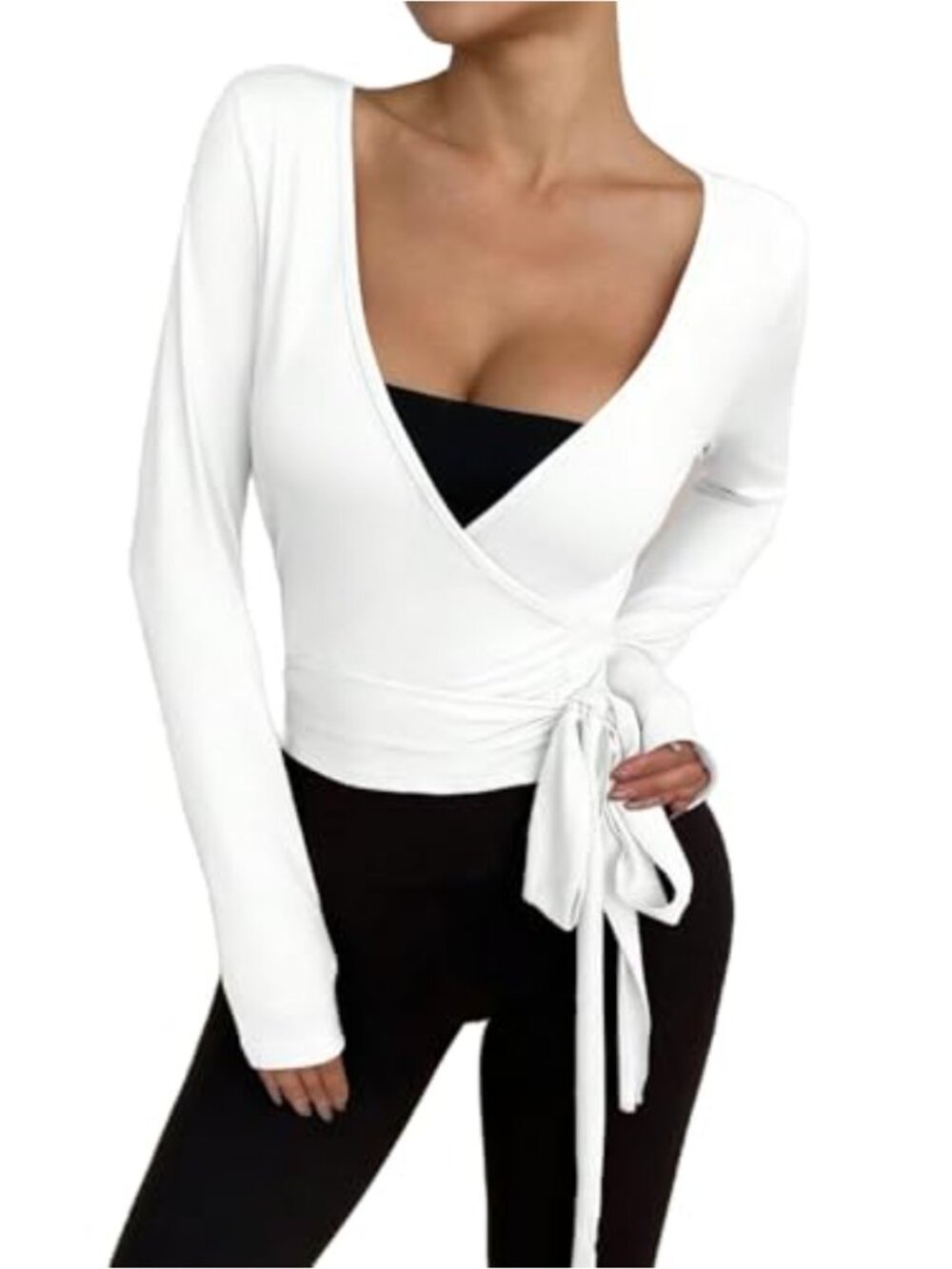 Women's Wrap Crop Top V-Neck Long Sleeve Tie Side Yoga Workout T-Shirt